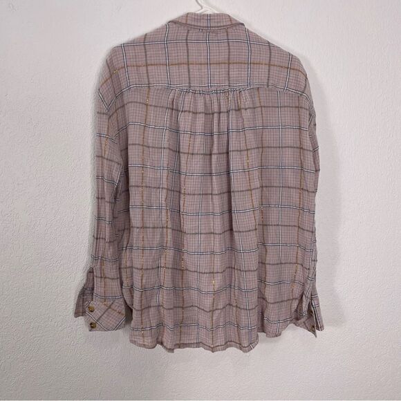 Free People Light Pink with Blue & Gold Shimmer Plaid Collared Button Front Top - Picture 2 of 6